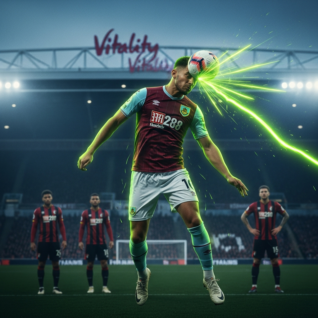 A 4K action shot of Armando Broja heading a football, dramatic lime green lighting, blurred stadium background.