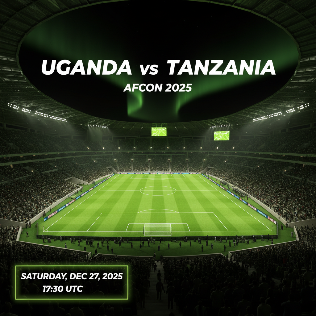 A modern football stadium in Rabat, Morocco, illuminated with vibrant lime green lights for the AFCON 2025 match between Uganda and Tanzania. The architecture is sleek and dark under a night sky with a faint lime green aurora.