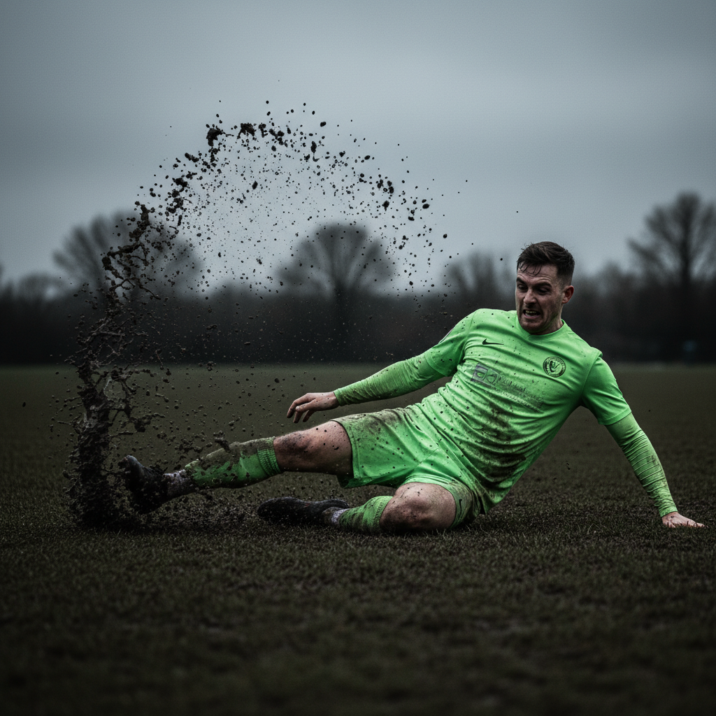 A lime green and white football stuck in the mud of a Sunday League pitch in winter.