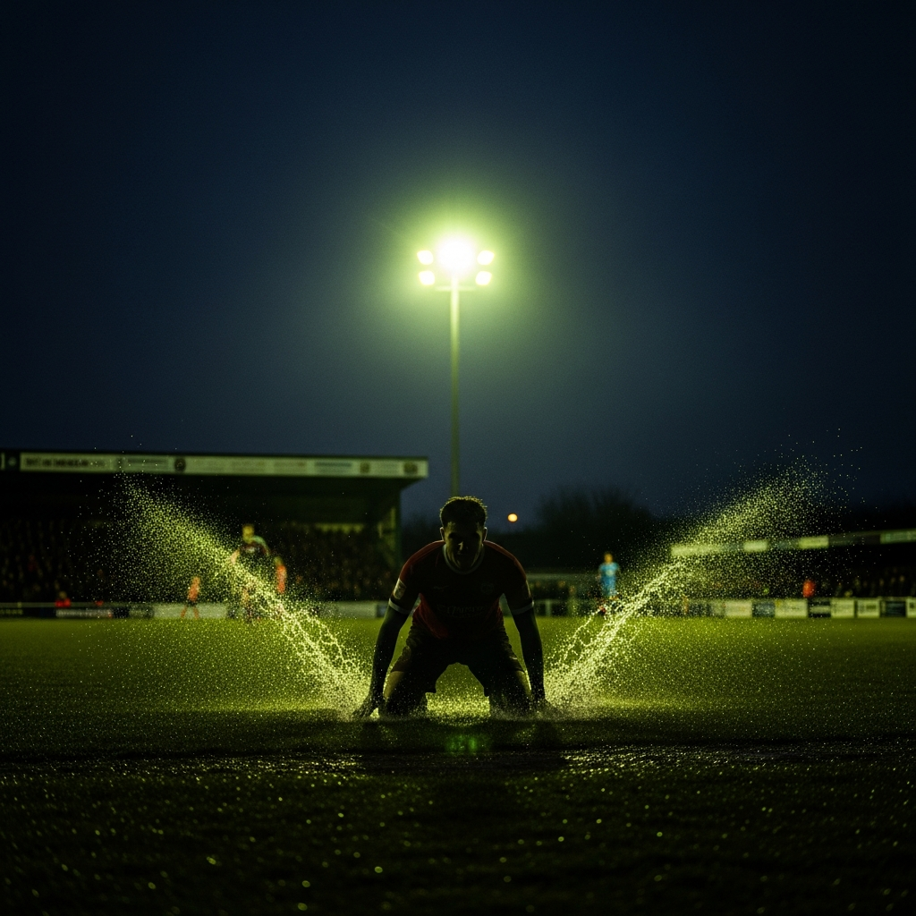 A non-league footballer celebrates on a muddy pitch under dramatic lime green floodlights.
