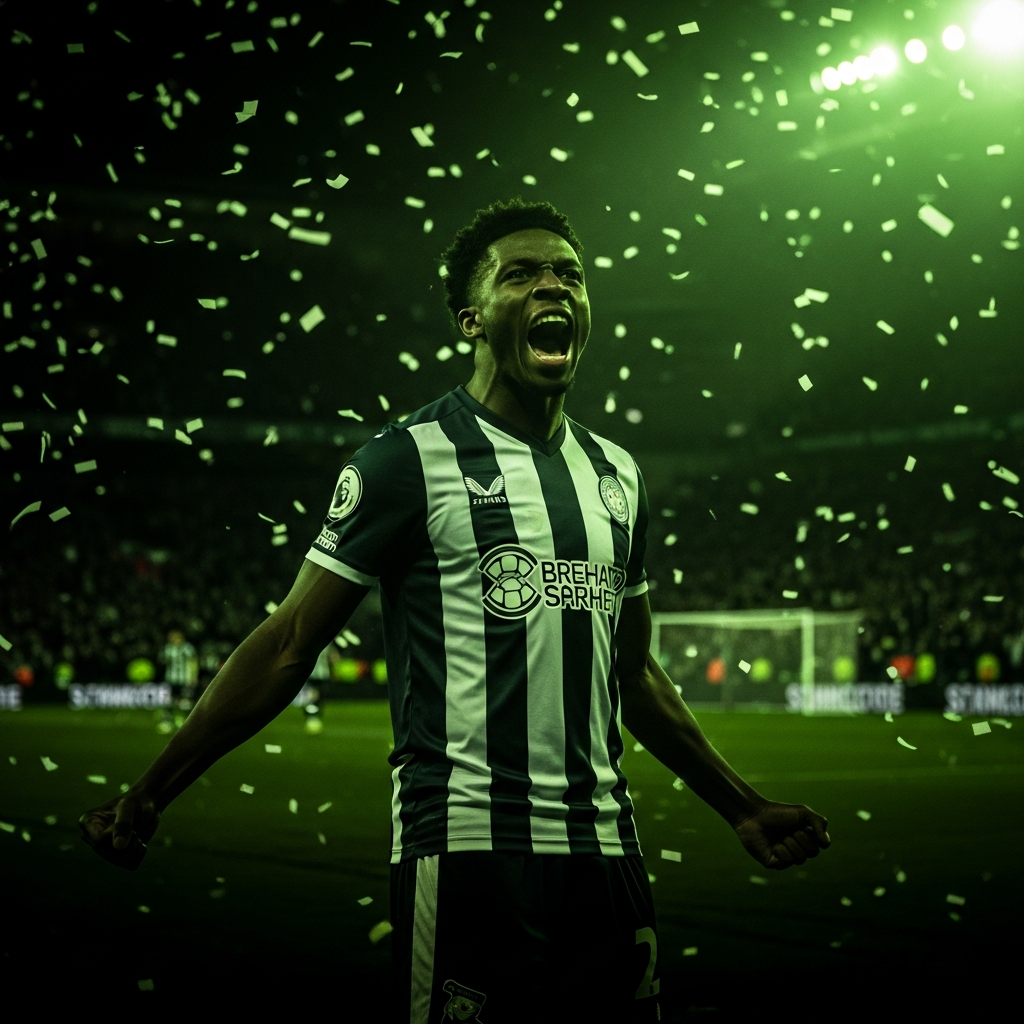 A 16:9 dynamic, dark-toned action shot of footballer Demarai Gray celebrating a goal for Birmingham City.