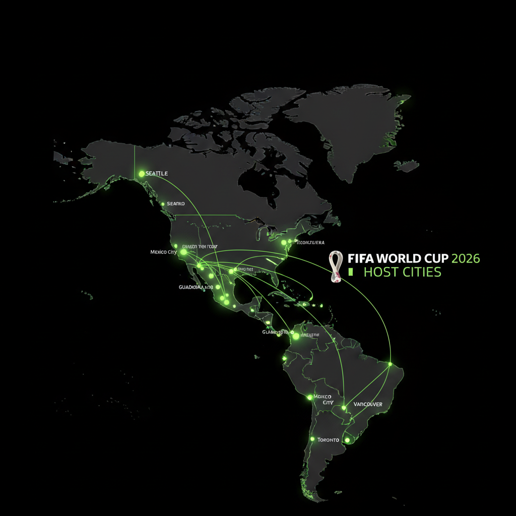 Map of North America highlighting the host nations and cities for the 2026 FIFA World Cup in a dark and lime green color scheme.
