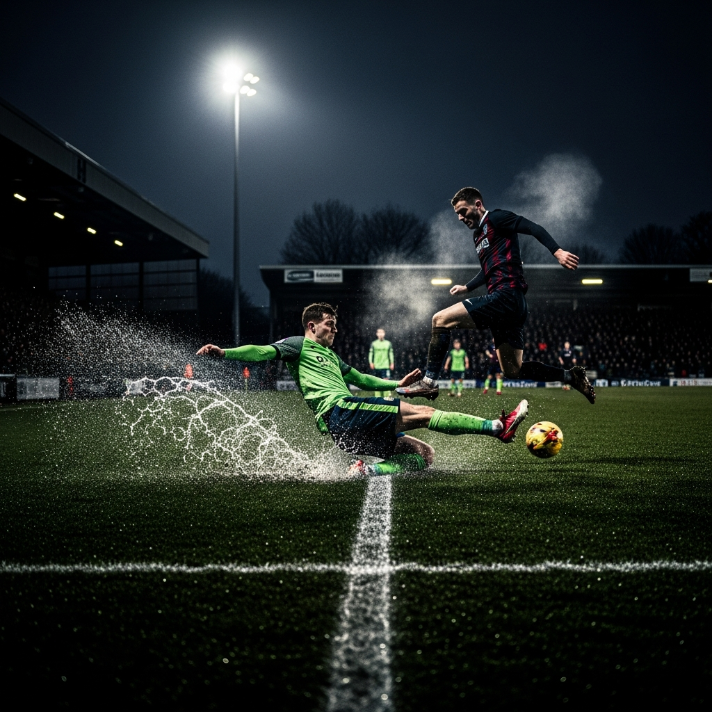 Dramatic low-angle shot of football player slide tackling on wet pitch at night, with vibrant lime green kit, under moody floodlights and dark sky.
