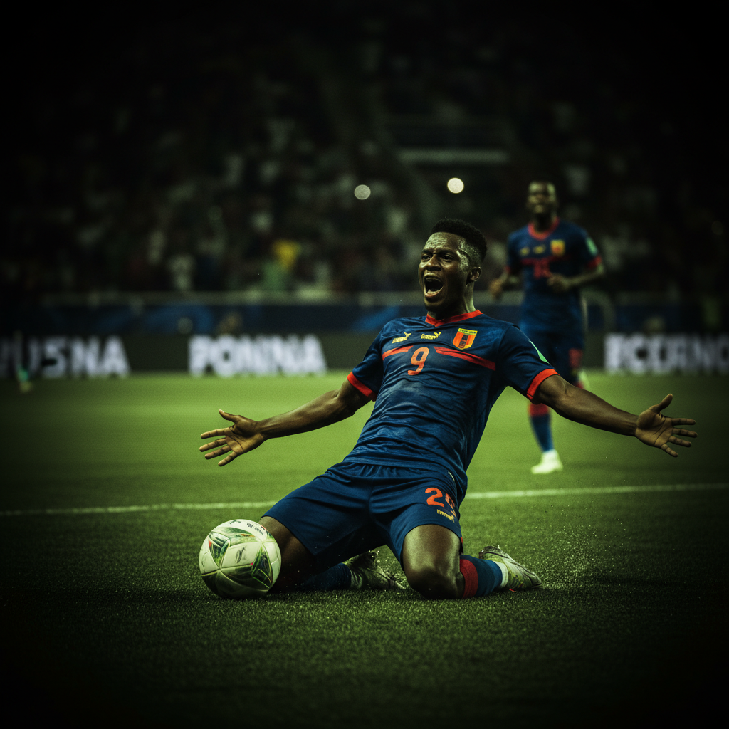 Zambian forward Patson Daka celebrating a goal with intense emotion, under a lime green and dark stadium light effect.