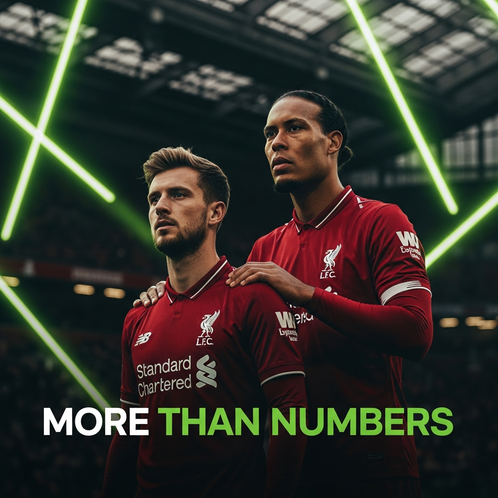 Liverpool captain Virgil van Dijk offers support to Florian Wirtz with "MORE THAN NUMBERS" text overlay, set against a dark stadium background with lime green light streaks.