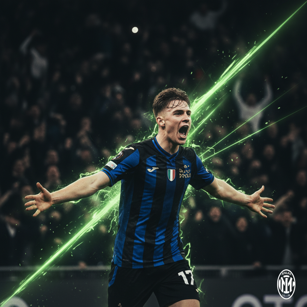 A focused, dark-toned in-article image capturing the moment Mohammed Kudus scores his penalty for Tottenham. The view is from behind the goal, showing the ball hitting the back of the net. The goal net itself has a futuristic lime green hexagonal pattern glowing effect. Kudus is seen in the background with his arms raised in celebration. The lighting is moody and focused on the action.