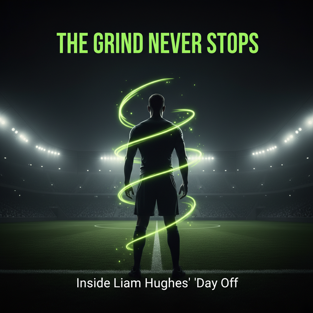 A clean, healthy meal of chicken, pasta, and vegetables for athletic performance, with a stylish dark tone and lime green accents.