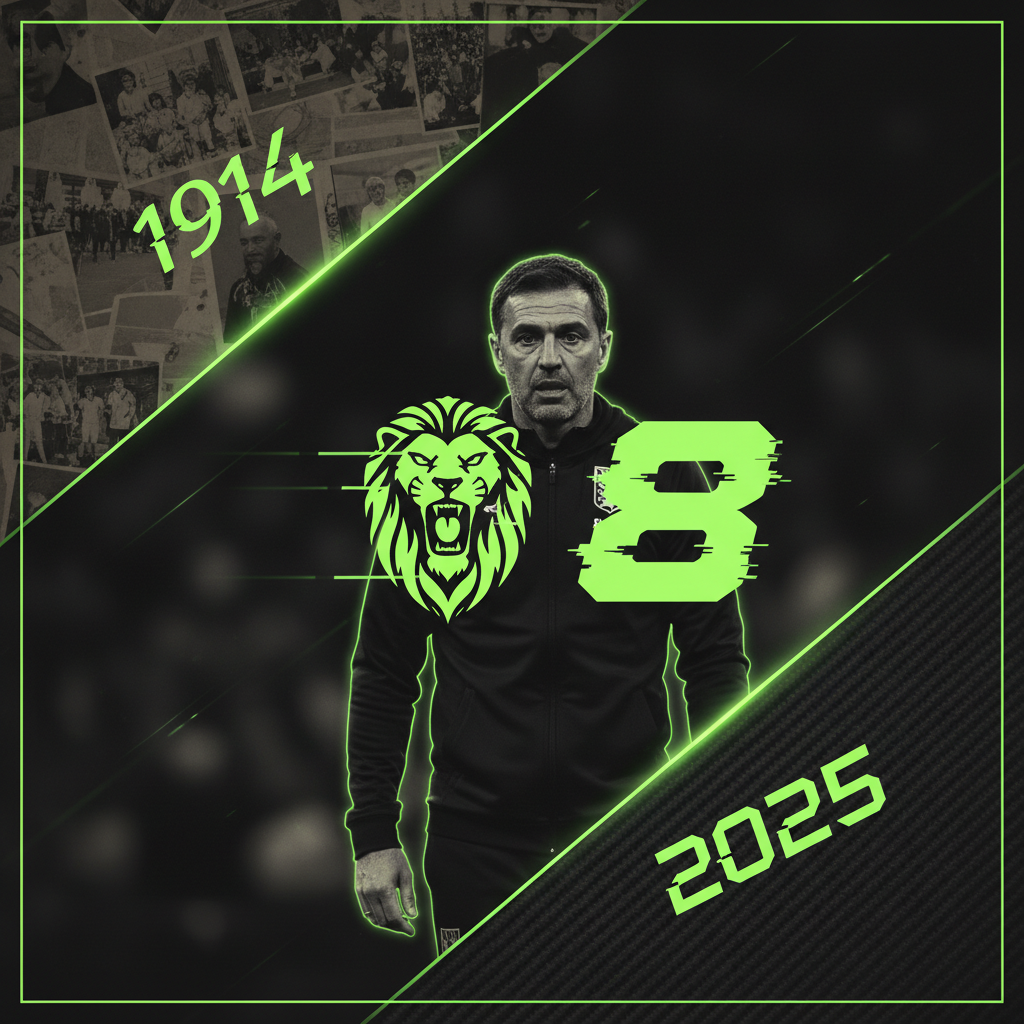 Aston Villa manager Unai Emery looking focused on the touchline, with a lime green and dark color theme.