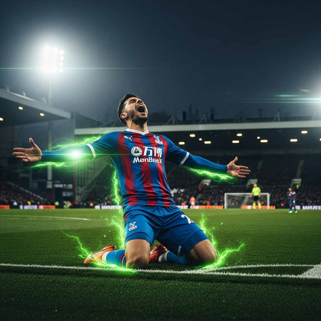 A dramatic 16:9 thumbnail for a sports blog post. The image captures Crystal Palace player Daniel Muñoz mid-celebration after scoring a goal. He is sliding on his knees with arms outstretched, shouting with joy. The setting is a dark, atmospheric football stadium at night under floodlights. The color scheme is dominated by a dark, moody tone, heavily contrasted with vibrant lime green accents. The lime green appears as glowing light flares, dynamic motion trails, and highlights on his kit. The focus is sharp on Muñoz, while the background of the Turf Moor stadium is softly blurred, creating a sense of depth and intensity. The overall mood is energetic and triumphant.