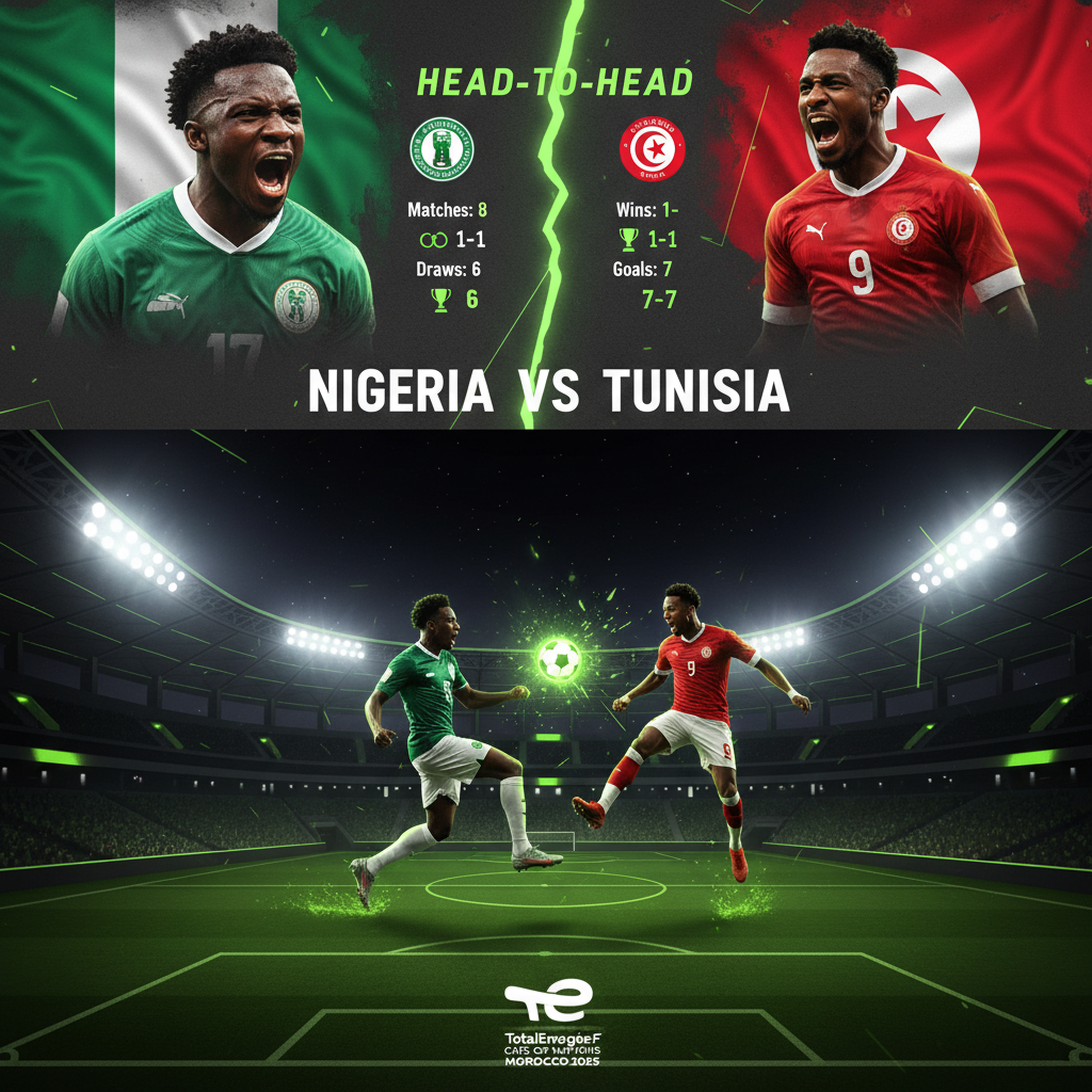 An illustration of Nigeria's Ademola Lookman and Tunisia's Elias Achouri competing for a glowing lime green football at the AFCON 2025.
