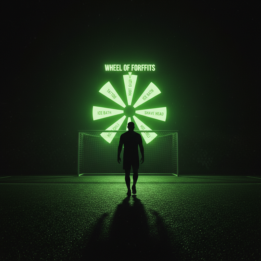 A perfectly struck penalty hits the back of the net in the Hashtag Allstars Penalty Challenge, highlighted with a lime green effect.