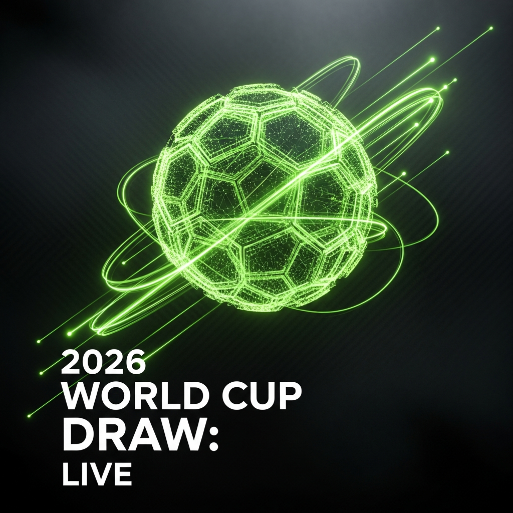2026 World Cup Draw Live thumbnail: futuristic soccer ball with glowing lime green energy lines and bold text