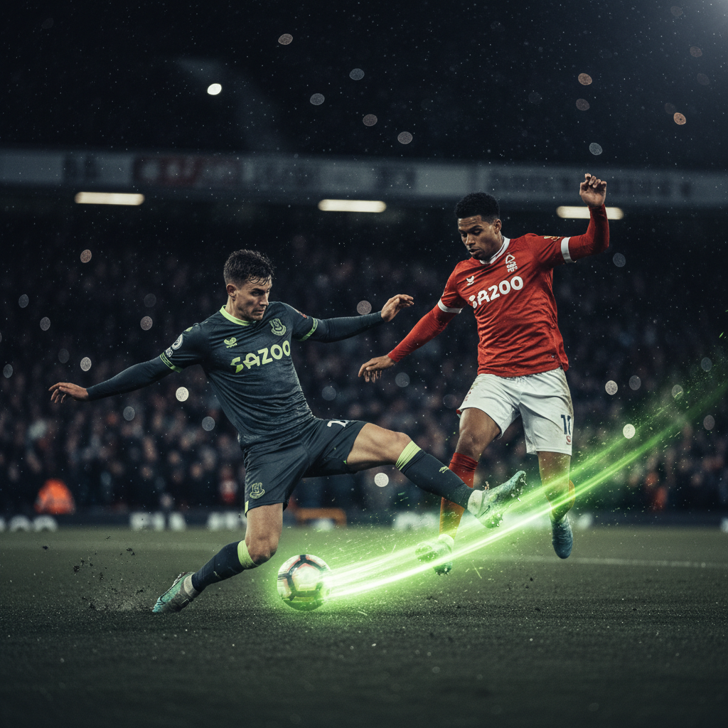 Head-to-head statistics infographic for the Nottingham Forest vs Everton Premier League fixture, showing glowing club crests and key stats in lime green on a dark charcoal background.