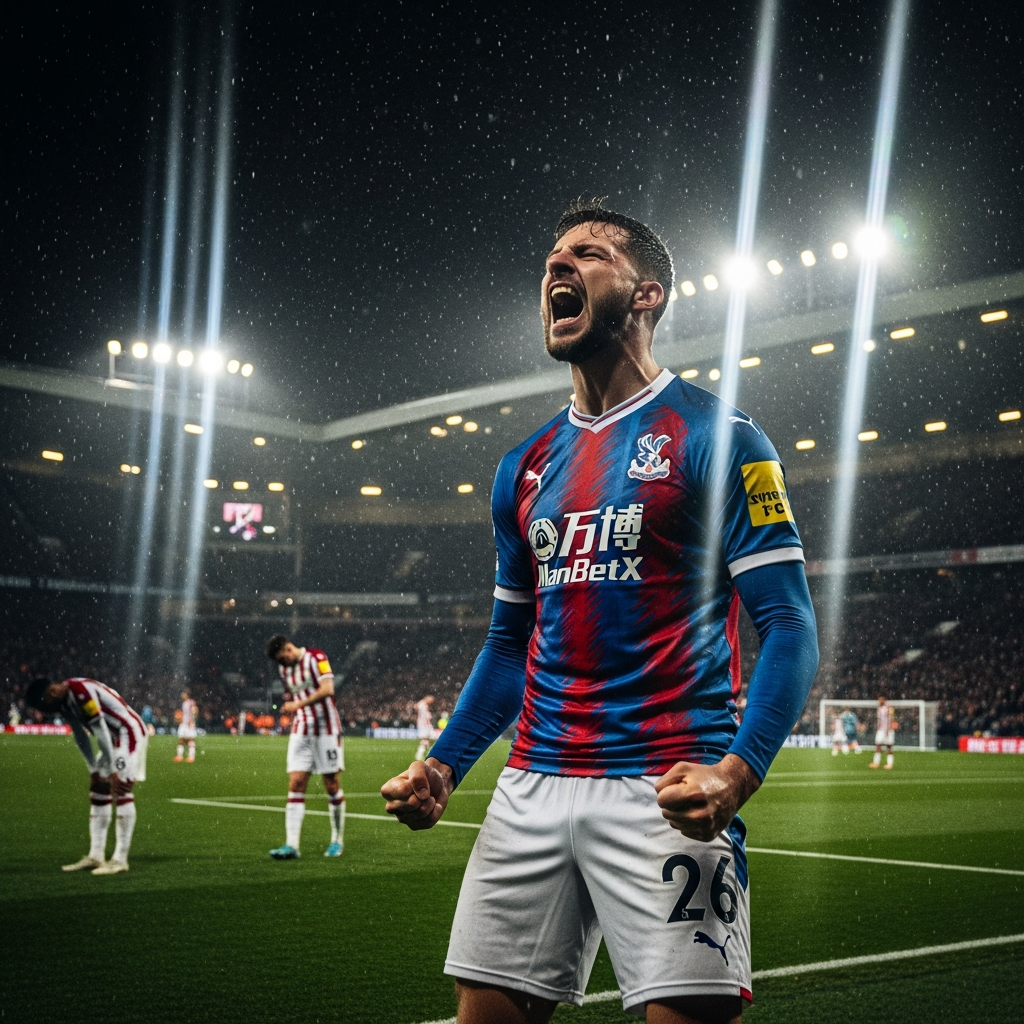 Crystal Palace player Marc Guéhi celebrating a last-minute winning goal under stadium lights with a lime green glow.