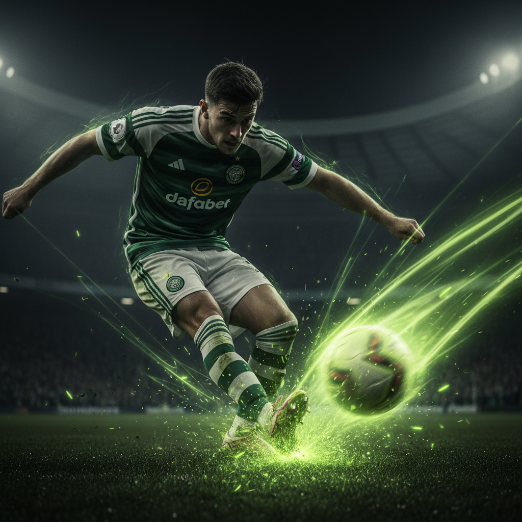 A dynamic, low-angle action shot of a striker celebrating scoring against Celtic, with electric lime green highlights.