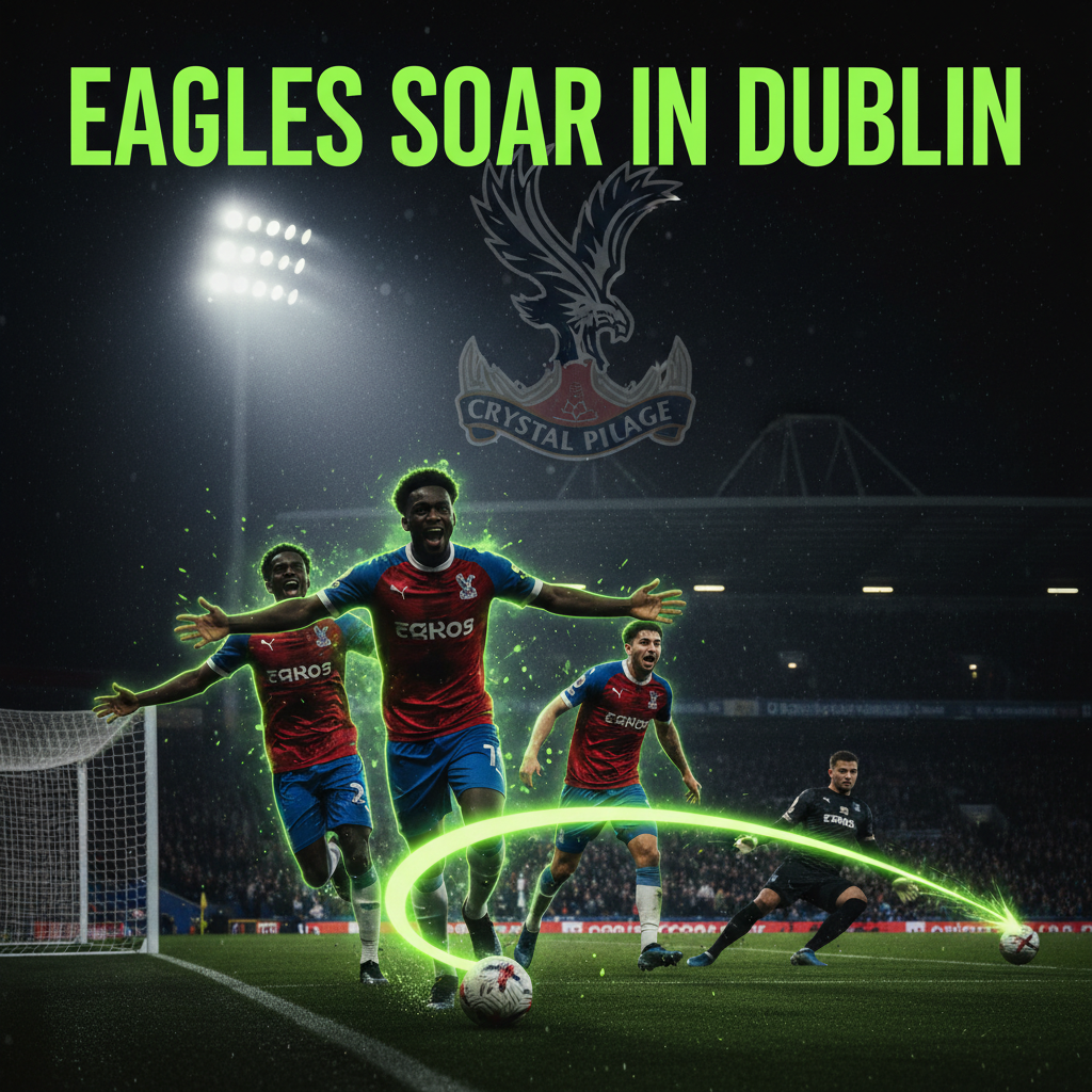 Christantus Uche celebrates scoring for Crystal Palace in a dark and lime green themed image.