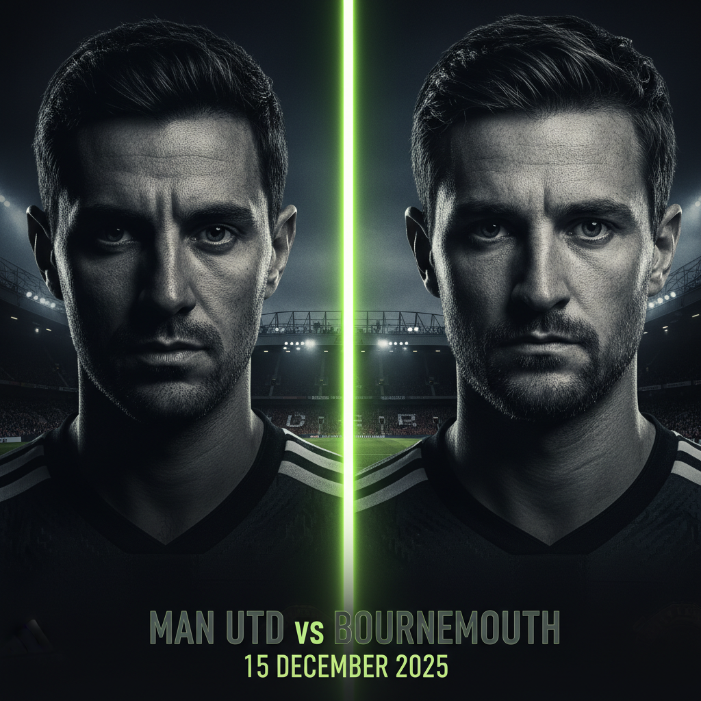 Amad Diallo dribbling for Manchester United against Bournemouth in a dark and lime green themed image.