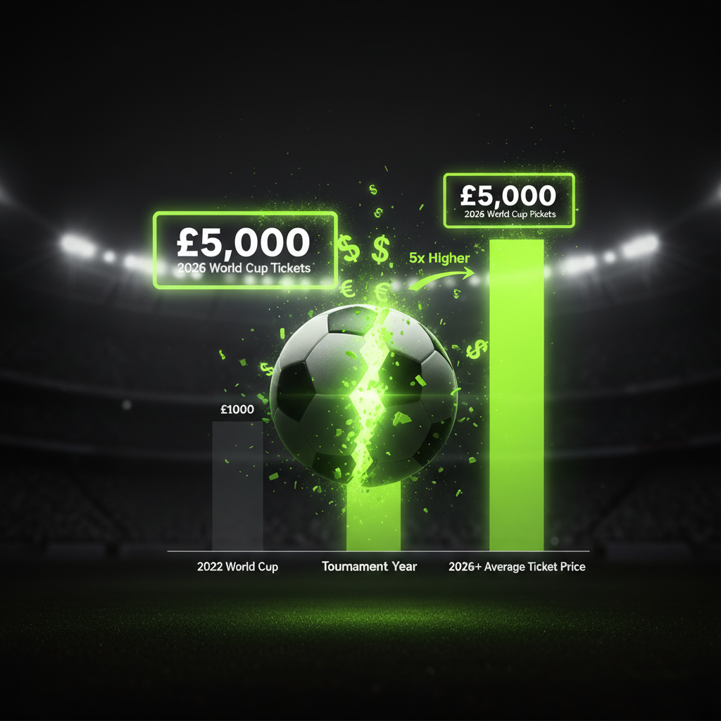 A lone football fan looking at a holographic £5,000 price tag in a dark stadium