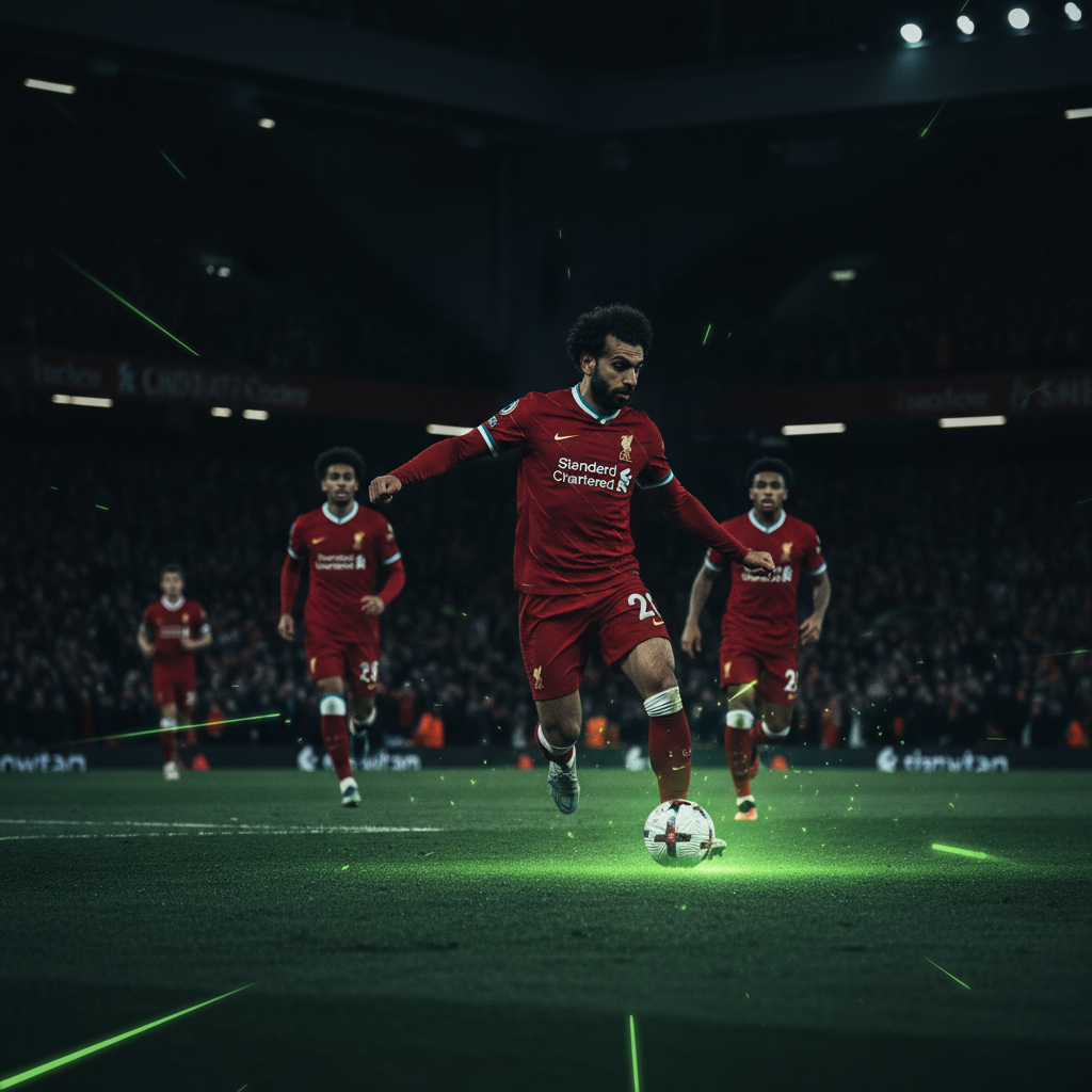 Captain Virgil van Dijk leads the Liverpool squad out at Anfield, with a dark and lime green color palette.