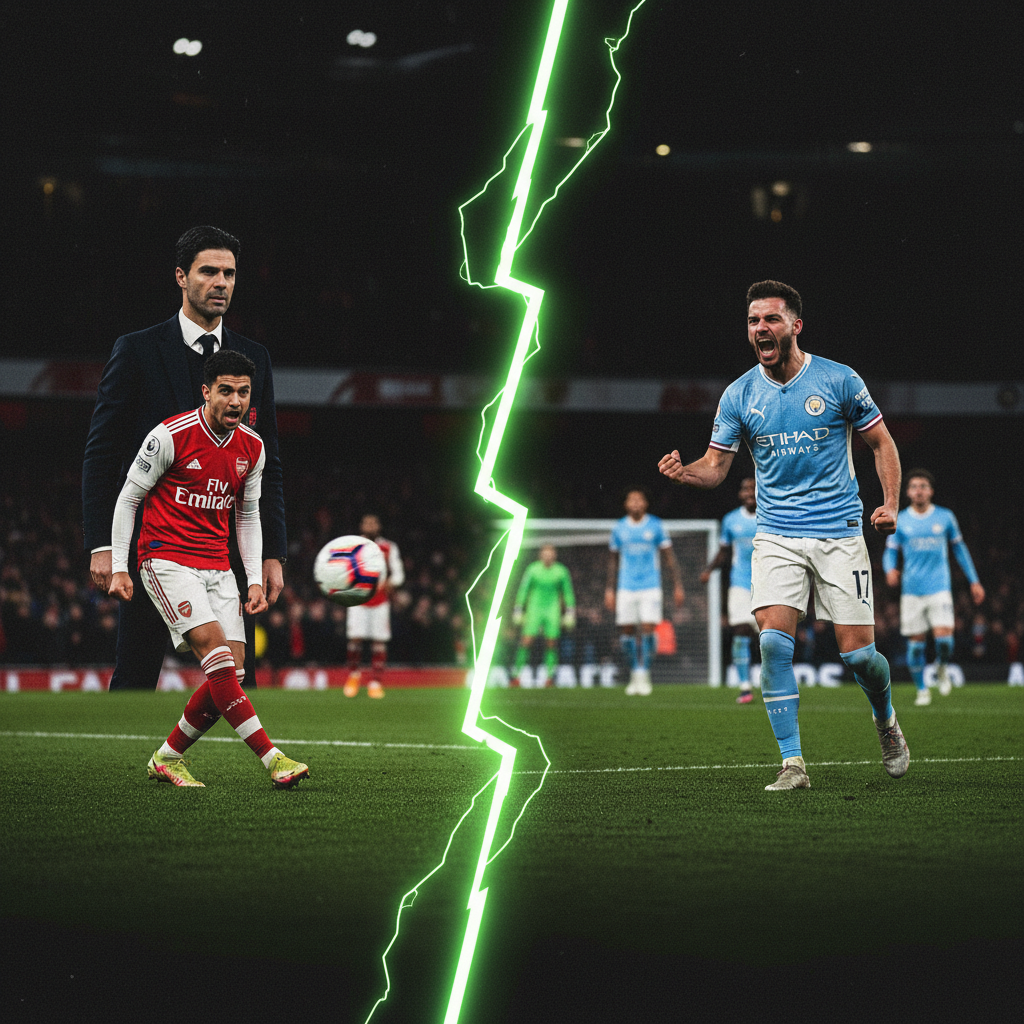 Arsenal player scoring the decisive penalty in a dark, high-contrast image with lime green accents.