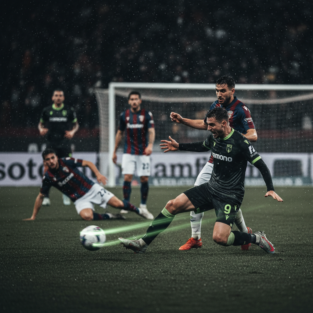 Martín Payero of Cremonese scores against Bologna with a powerful long-range shot.