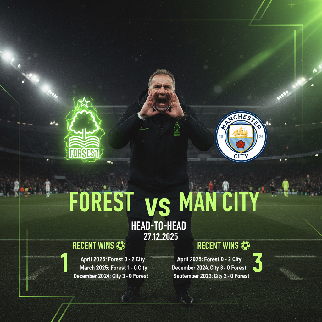 Head-to-head statistics infographic for the Nottingham Forest vs Manchester City Premier League match.