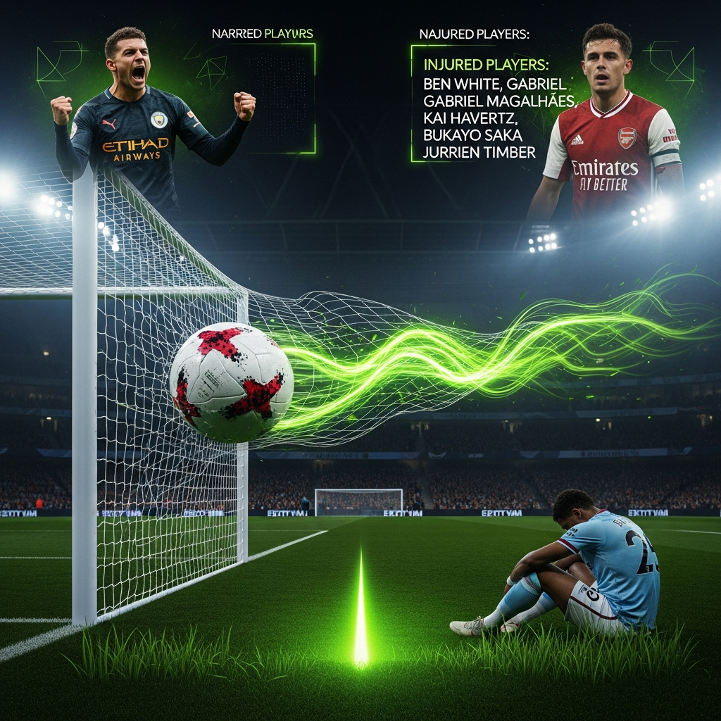 A 16:9 aspect ratio, hyper-realistic, dark-themed photo of a Premier League football mid-flight, frozen in time just before hitting the back of the net. The net ripples dramatically. The ball has a glowing, abstract trail of lime green light following it. The background is a blurred stadium at night, with dark, shadowy stands and faint floodlights. The overall color scheme is dominated by deep blacks, charcoal greys, and vibrant, electric lime green accents. Cinematic, dramatic lighting.