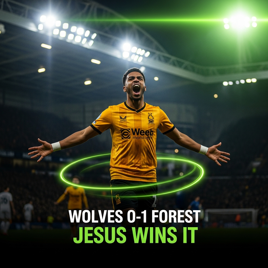 A dramatic, dark-toned action shot of Nottingham Forest striker Igor Jesus celebrating his winning goal against Wolves. He is shouting with joy, arms outstretched, under the bright Molineux floodlights which cast a lime green flare. The background shows the blurred, dark stadium stands. In the foreground, a subtle, dynamic lime green light trail effect swirls around the player. Overlay text in a sharp, modern font reads WOLVES 0-1 FOREST in white, with JESUS WINS IT in lime green below.