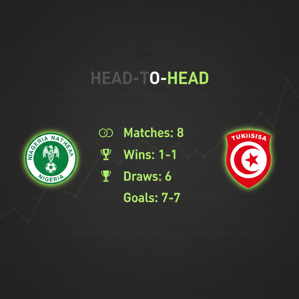 Head-to-head statistics for Nigeria vs Tunisia in football, showing a balanced record with wins, draws, and goals, presented with a lime green and dark color theme.