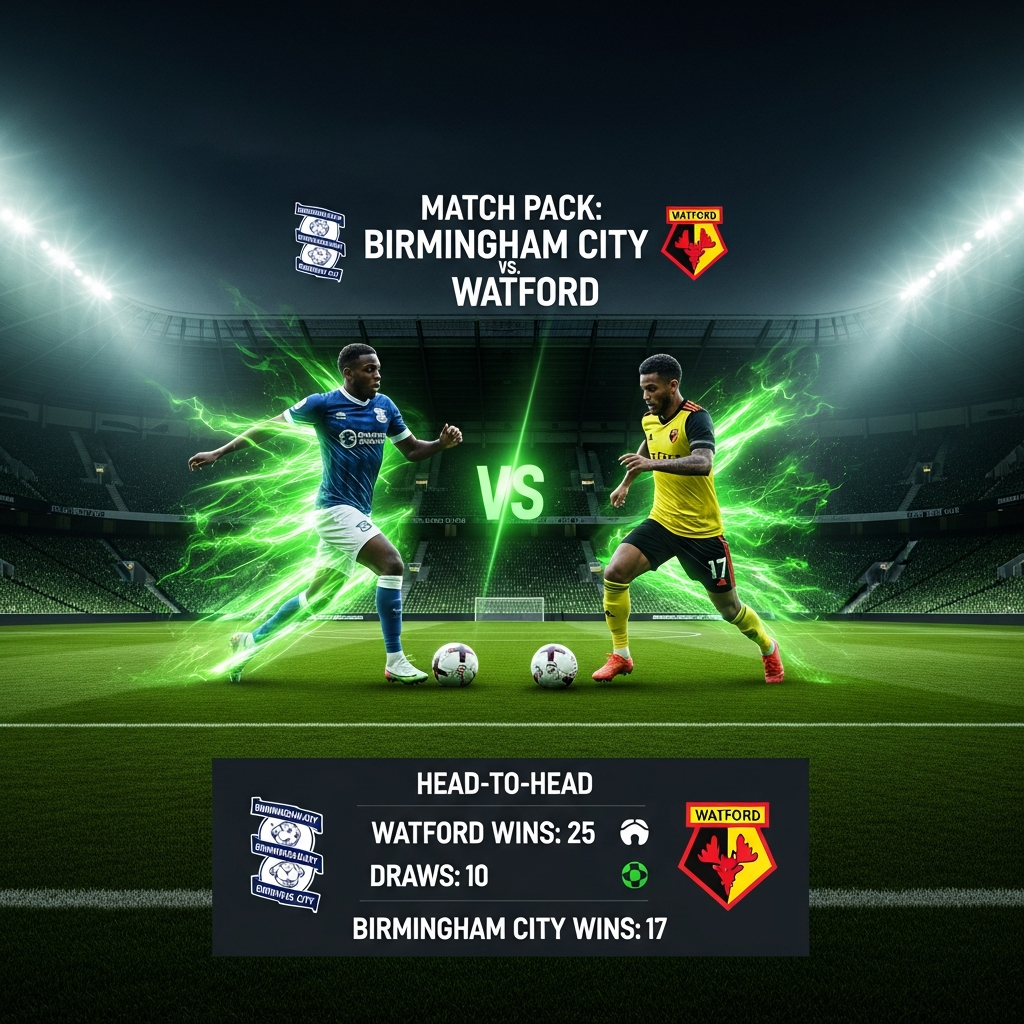 A dramatic, high-contrast split-screen sports graphic with a dark charcoal and lime green color scheme. The left side features a Birmingham City player mid-stride, illuminated by a dynamic lime green light trail. The right side shows a Watford player in a similar action pose with an opposing lime green effect. In the top corners, the respective club crests glow softly. Centered between them is bold, modern text that reads: "MATCH PACK: BIRMINGHAM CITY vs. WATFORD". The background is a dark, out-of-focus stadium interior, enhancing the atmospheric and competitive feel.