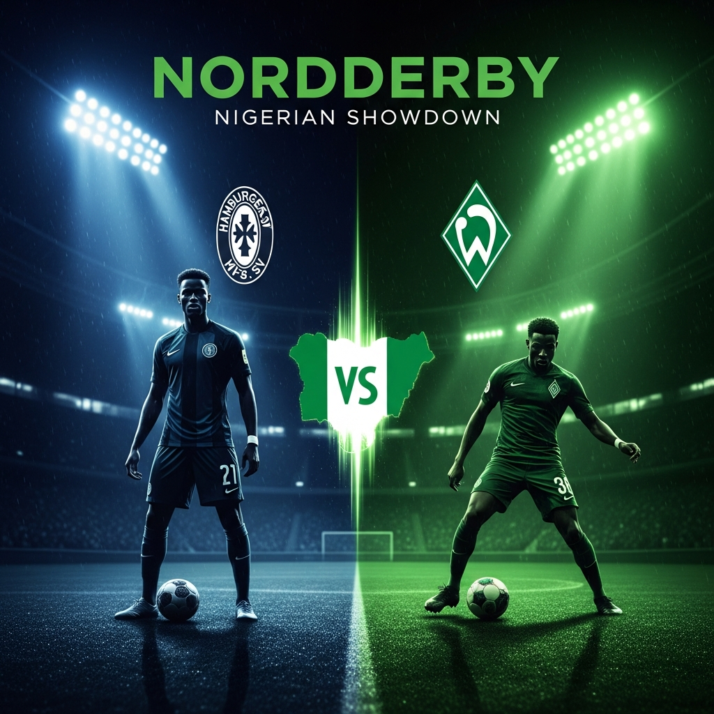 Dramatic football poster for the Nordderby, featuring Nigerian stars and a pulsating lime green flag emblem.