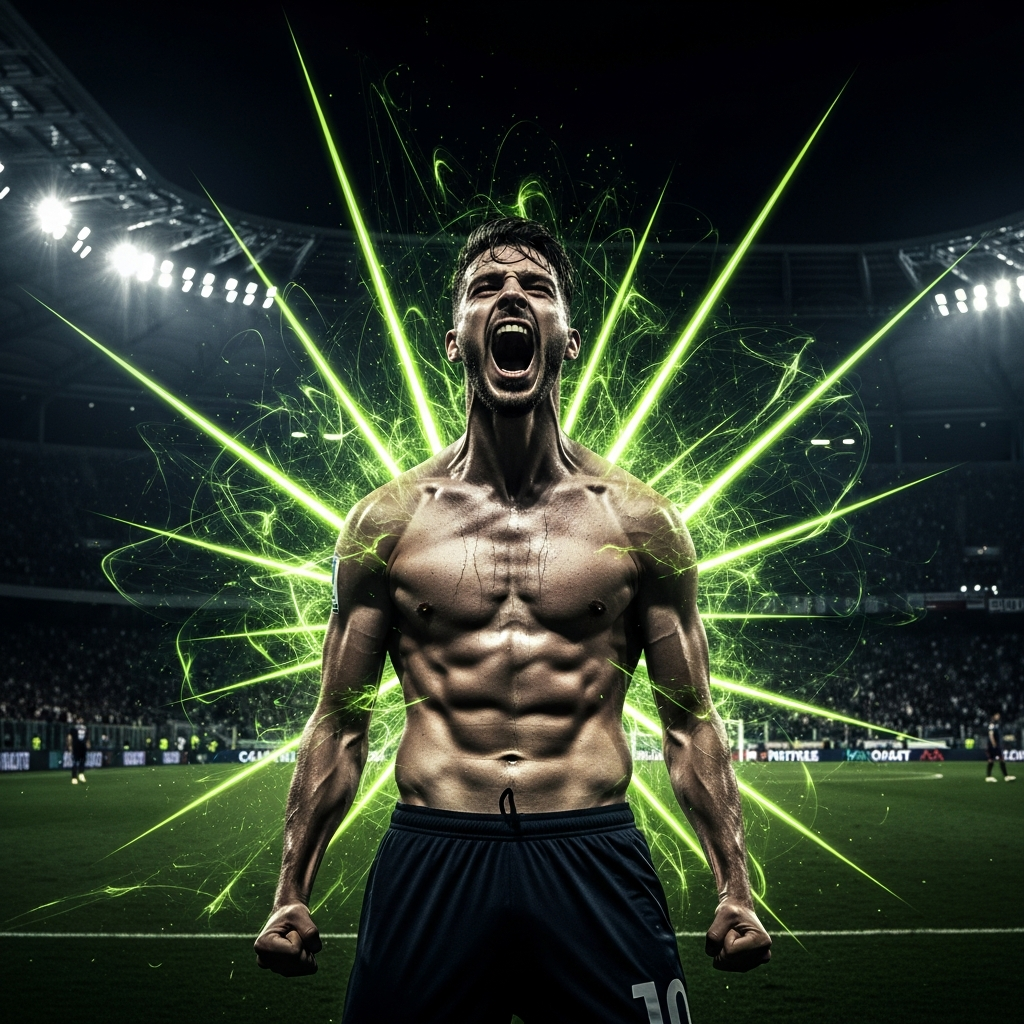 Cagliari player Gianluca Gaetano celebrating a goal intensely, shirtless and shouting, under dramatic lime green stadium lights at night.
