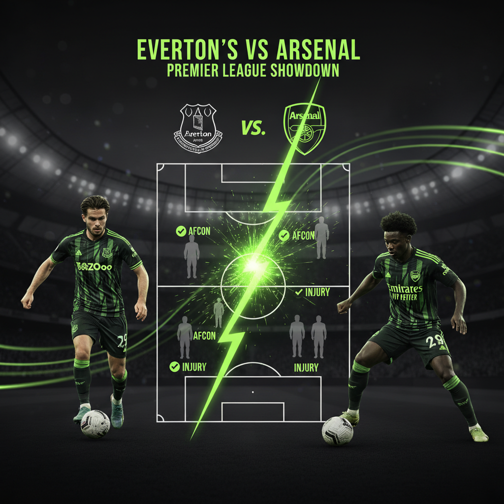 Infographic showing key players Everton will be missing for the Arsenal match due to injury and international commitments.