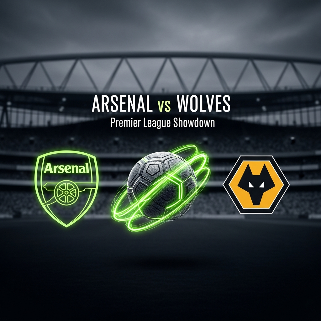 Dramatic dark-themed sports graphic for Arsenal vs Wolves Premier League match.