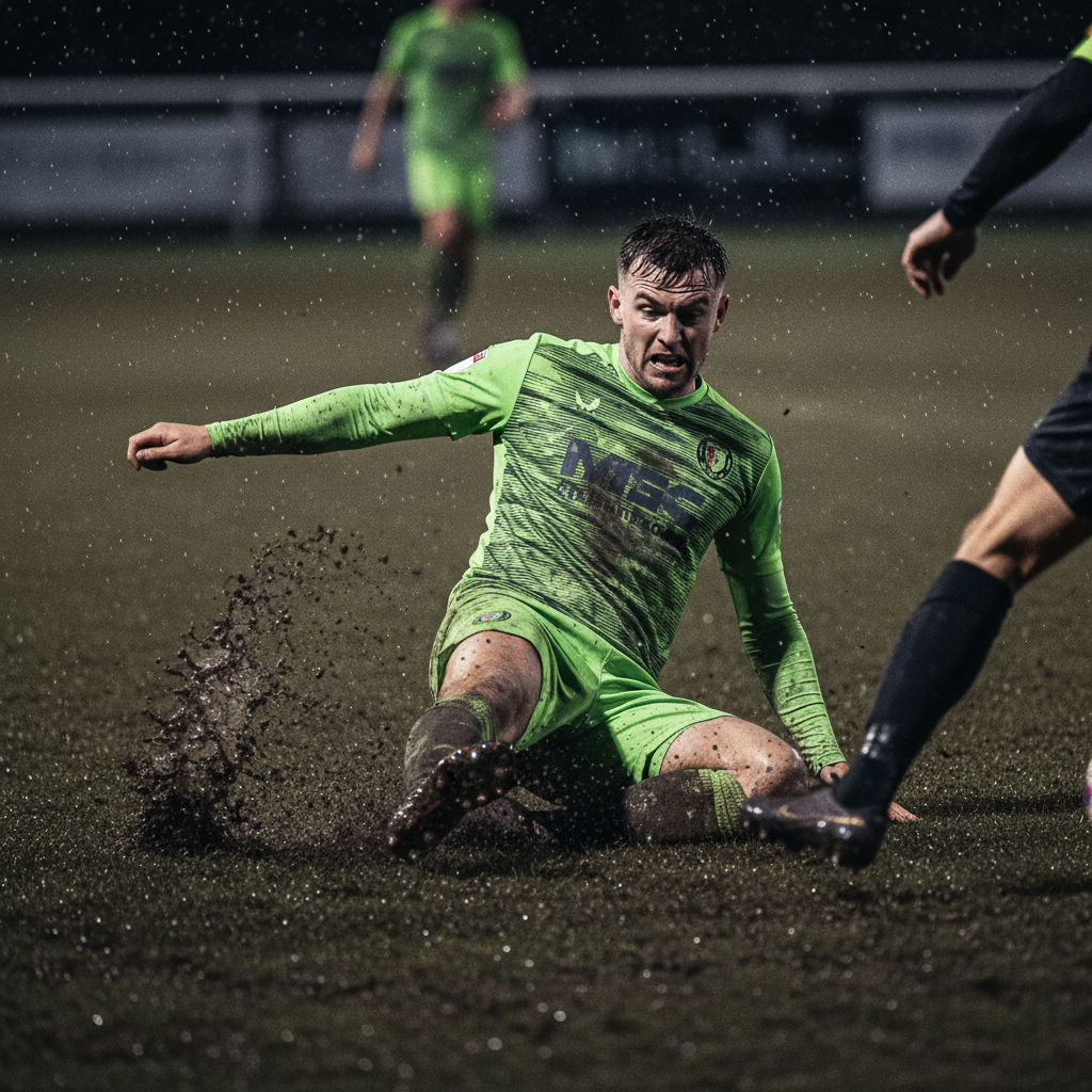 A non-league player makes a determined sliding tackle on a muddy pitch during a festive match.