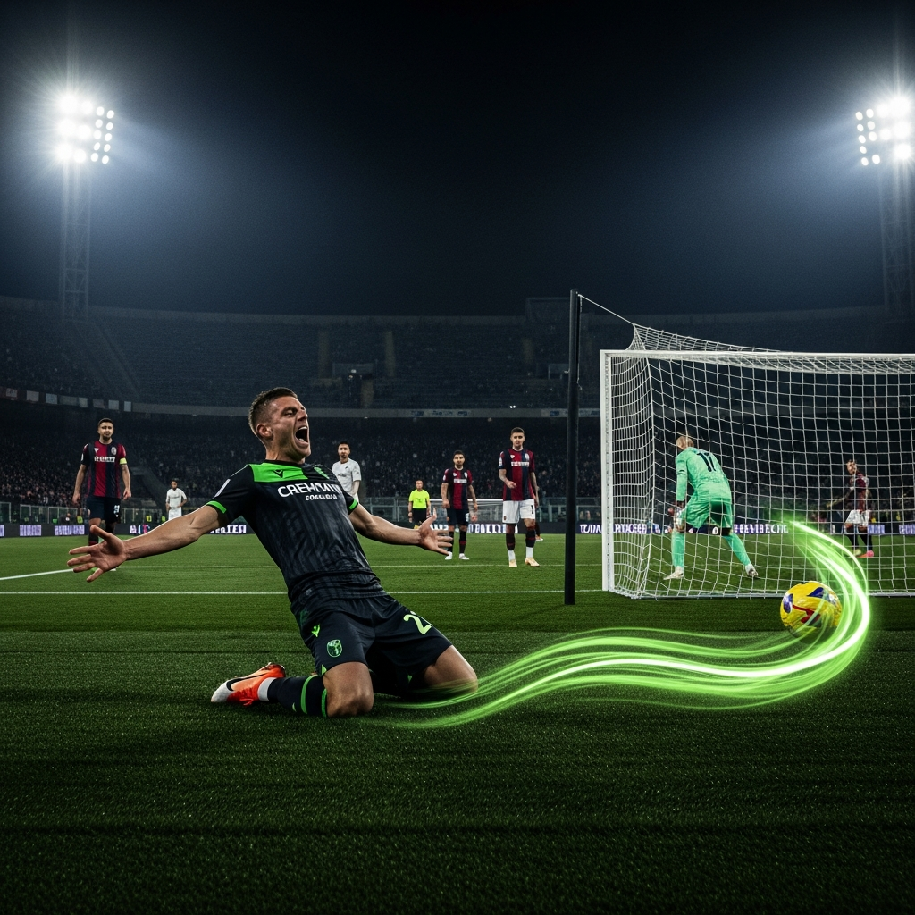 A 16:9 cinematic, atmospheric photograph of a football match. Cremonese striker Jamie Vardy is captured mid-celebration after scoring a goal. His kit is dark with vibrant lime green details. A trail of motion blur in lime green follows the football.