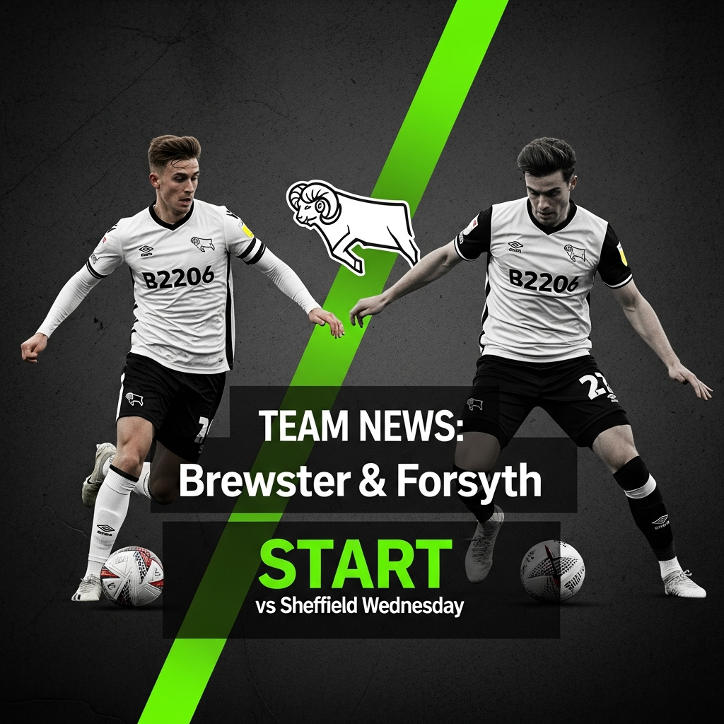 A dramatic 16:9 sports graphic for a football match announcement. The background is a dark, textured grey. On the left, a focused action shot of Rhian Brewster in a Derby County kit, mid-stride. On the right, a similar action shot of Craig Forsyth making a tackle. A vibrant, electric lime green diagonal slash separates them. In the center, the Derby County ram crest is rendered in a sleek, monochrome style. Bold, modern text in white and lime green reads TEAM NEWS: Brewster & Forsyth START vs Sheffield Wednesday.