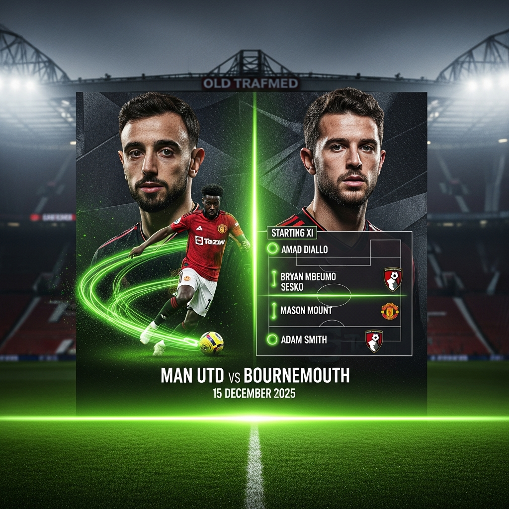 A dramatic split-screen image for the Manchester United vs Bournemouth match, featuring Bruno Fernandes and Adam Smith with a vibrant lime green separator. Old Trafford stadium at night in the background.