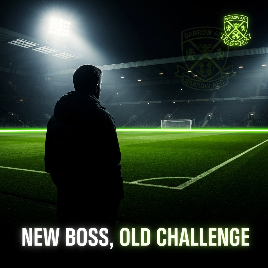Dramatic 16:9 image of a football manager’s silhouette on a lit pitch at night, featuring a glowing lime green Barrow AFC crest and the bold text "NEW BOSS, OLD CHALLENGE".