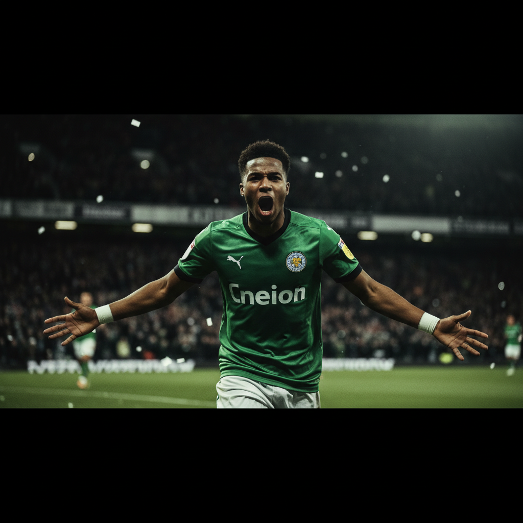 Paik Seung-ho celebrates his opening goal for Birmingham City with a passionate roar, set against a dark background with lime green accents.