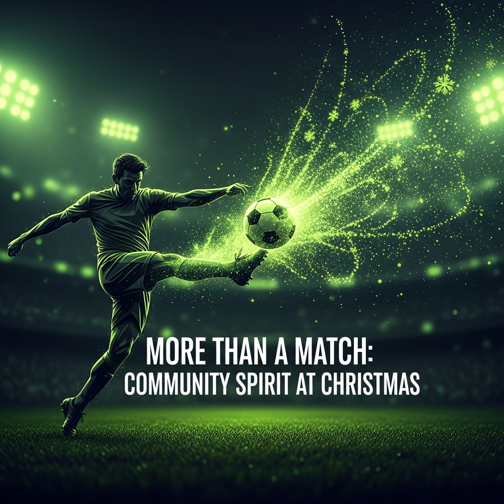 A dynamic 16:9 thumbnail for a blog post, using a dark, moody background with vibrant lime green accents. In the foreground, a stylized, abstract silhouette of a footballer kicks a ball, which explodes into a pattern of glowing lime green particles resembling Christmas snowflakes. The dark background has subtle, out-of-focus stadium light graphics. The overall tone is modern, energetic, and festive, blending football with a magical Christmas feel. Text overlay reads: "More Than A Match: Community Spirit at Christmas".