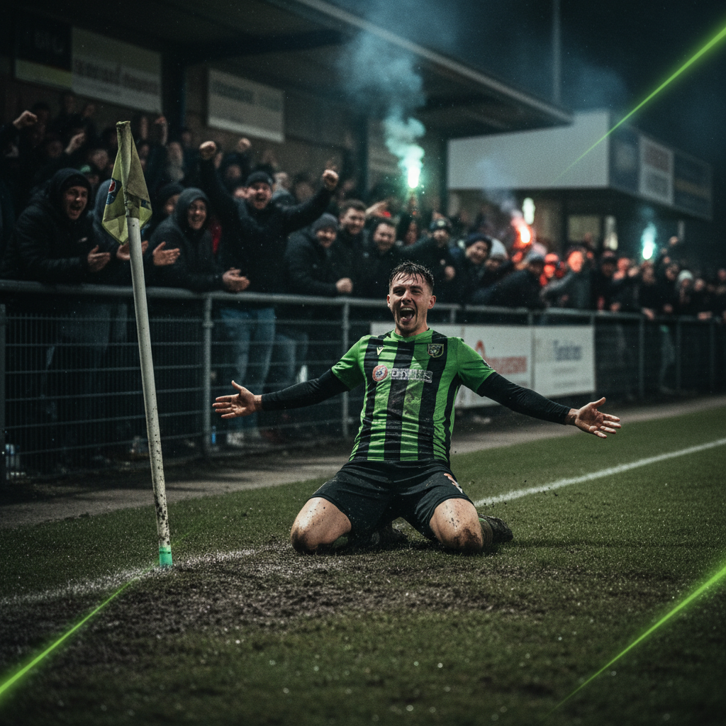 A non-league football player in a lime green kit celebrating a goal with passion in front of cheering fans.