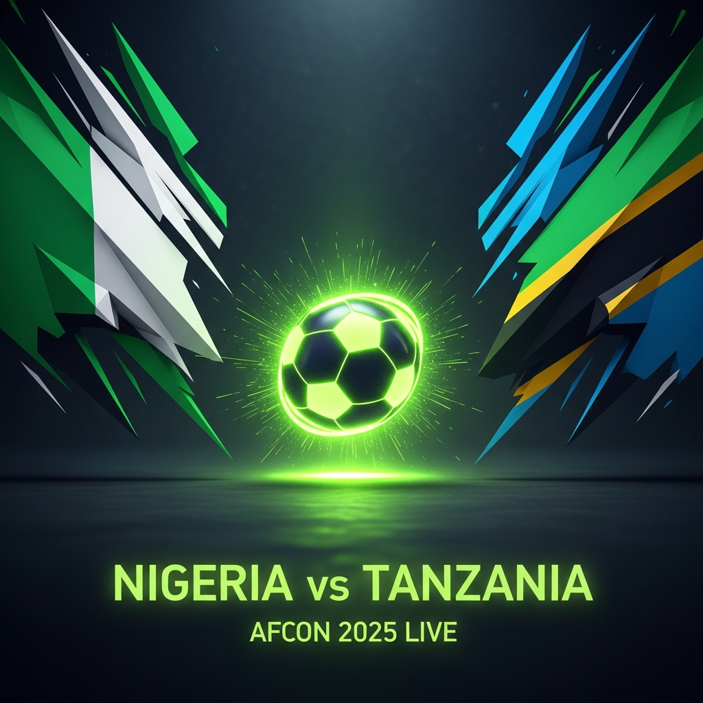 A dramatic 16:9 thumbnail for Nigeria vs Tanzania AFCON 2025 match, with glowing football and abstract flag elements.
