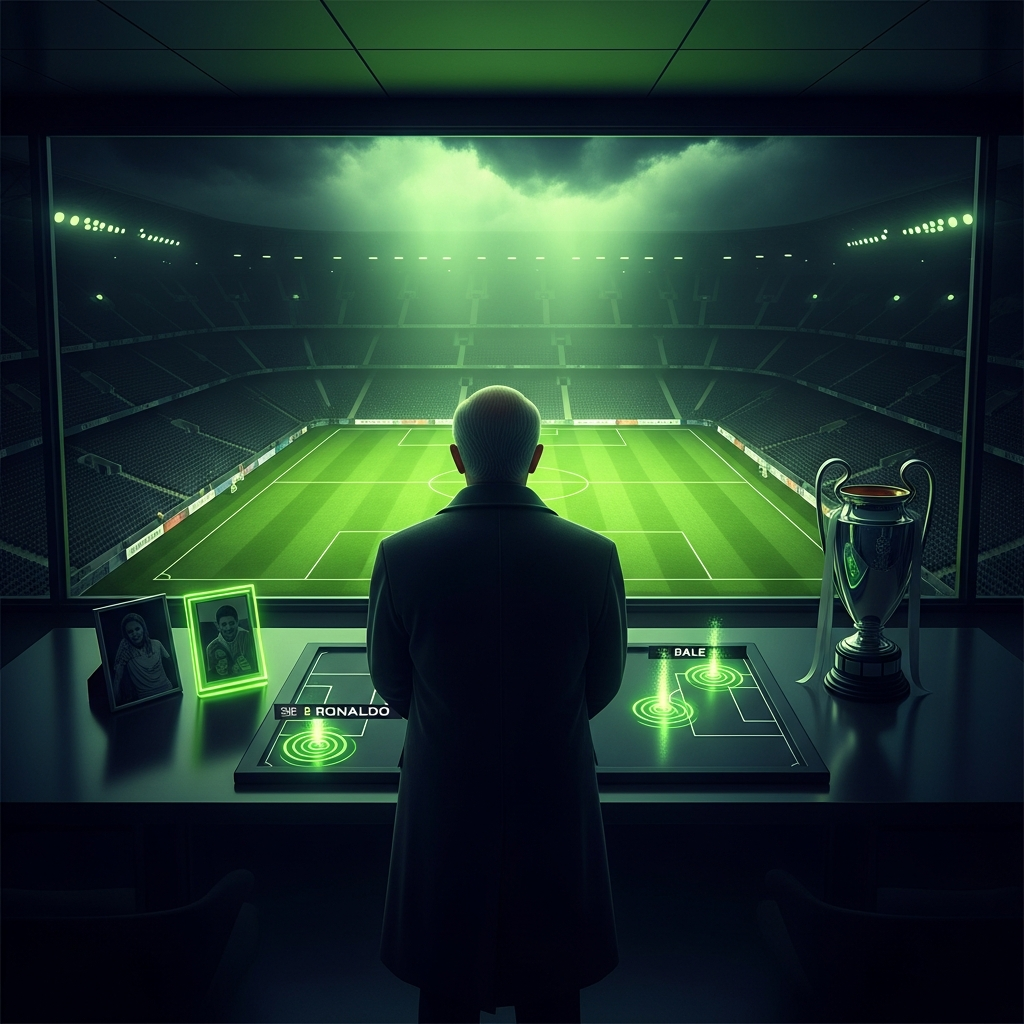 A moody, atmospheric shot of a distinguished, older manager in a long coat, looking down onto a pristine football pitch illuminated by ethereal lime green light.