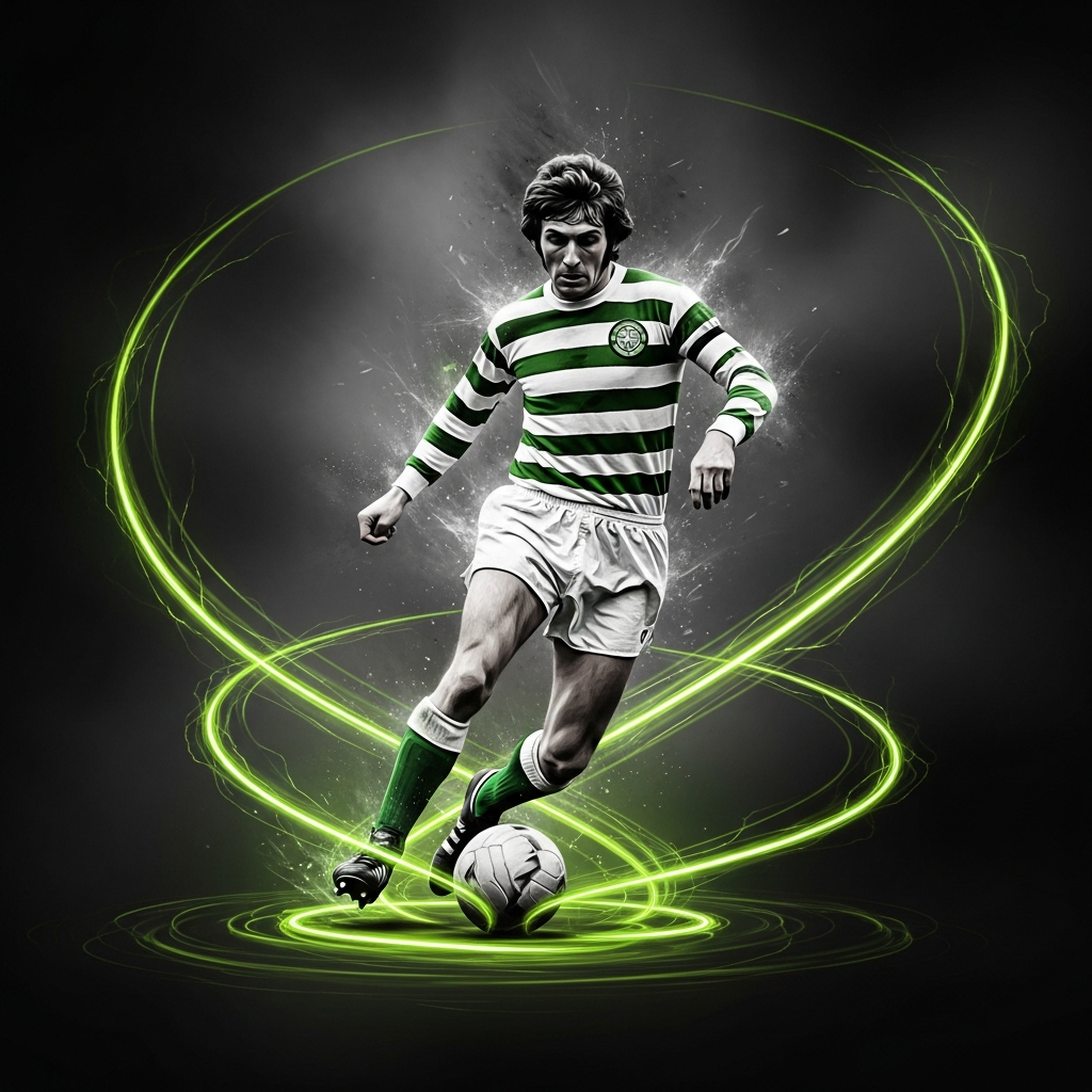 A powerful and respectful 16:9 thumbnail image with a dark, moody background. In the center, a striking silhouette of a footballer in a classic 1970s pose, head tilted back in celebration, is illuminated by a dramatic lime green backlight. Subtle, abstract patterns of Celtic knots are faintly visible in the dark background. The text 'DIXIE DEANS: 1946 - 2025' is written in a clean, modern, lime green font at the bottom. The overall aesthetic is somber yet celebratory of a legendary career.