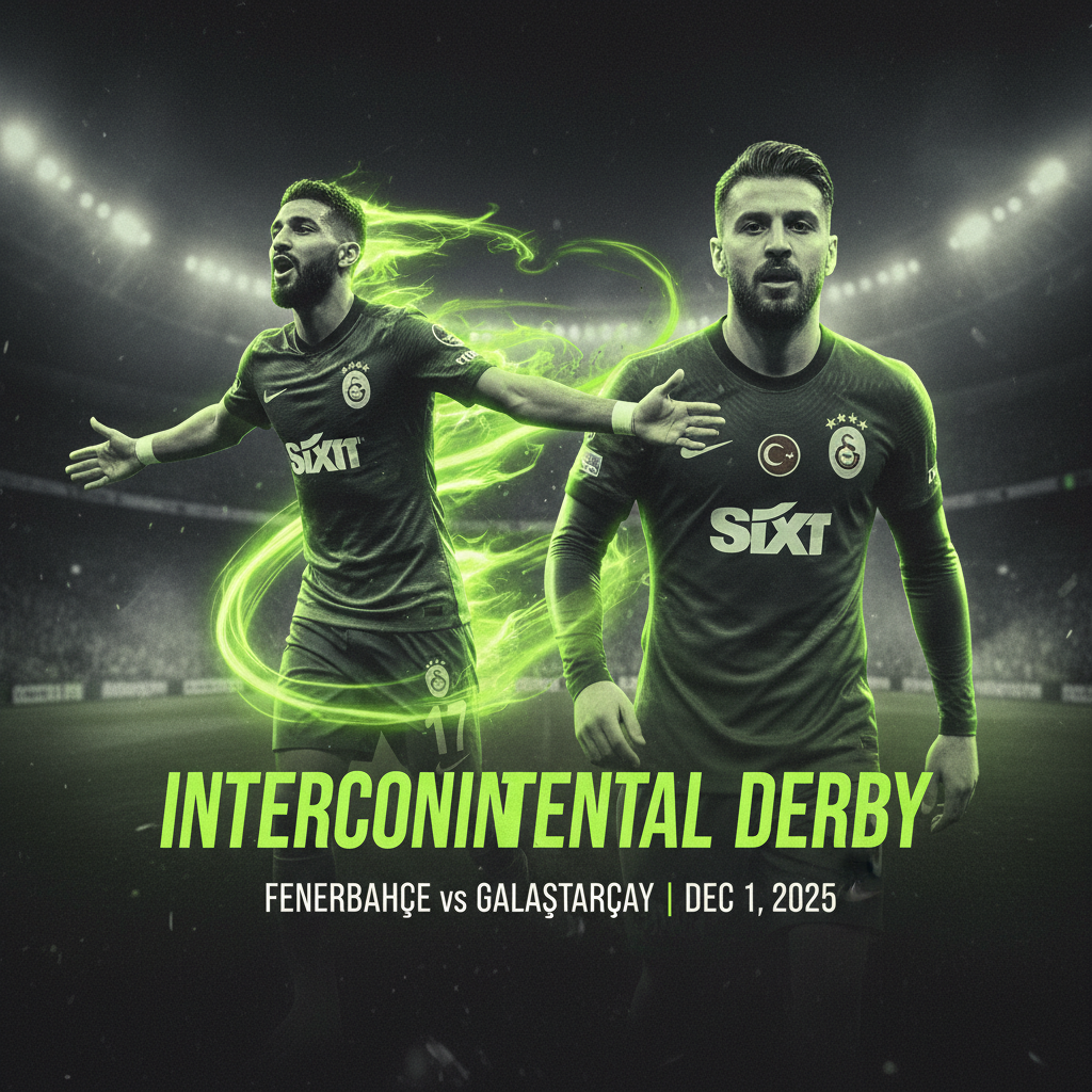 Predicted 4-2-3-1 lineups for Fenerbahçe vs Galatasaray shown on a tactical map with a lime green and dark theme.