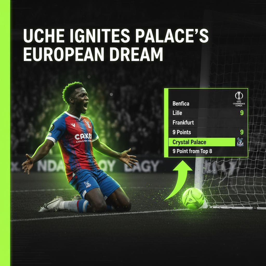 Graphic of the UEFA Conference League table showing Crystal Palace in ninth position, with a lime green and dark color scheme.