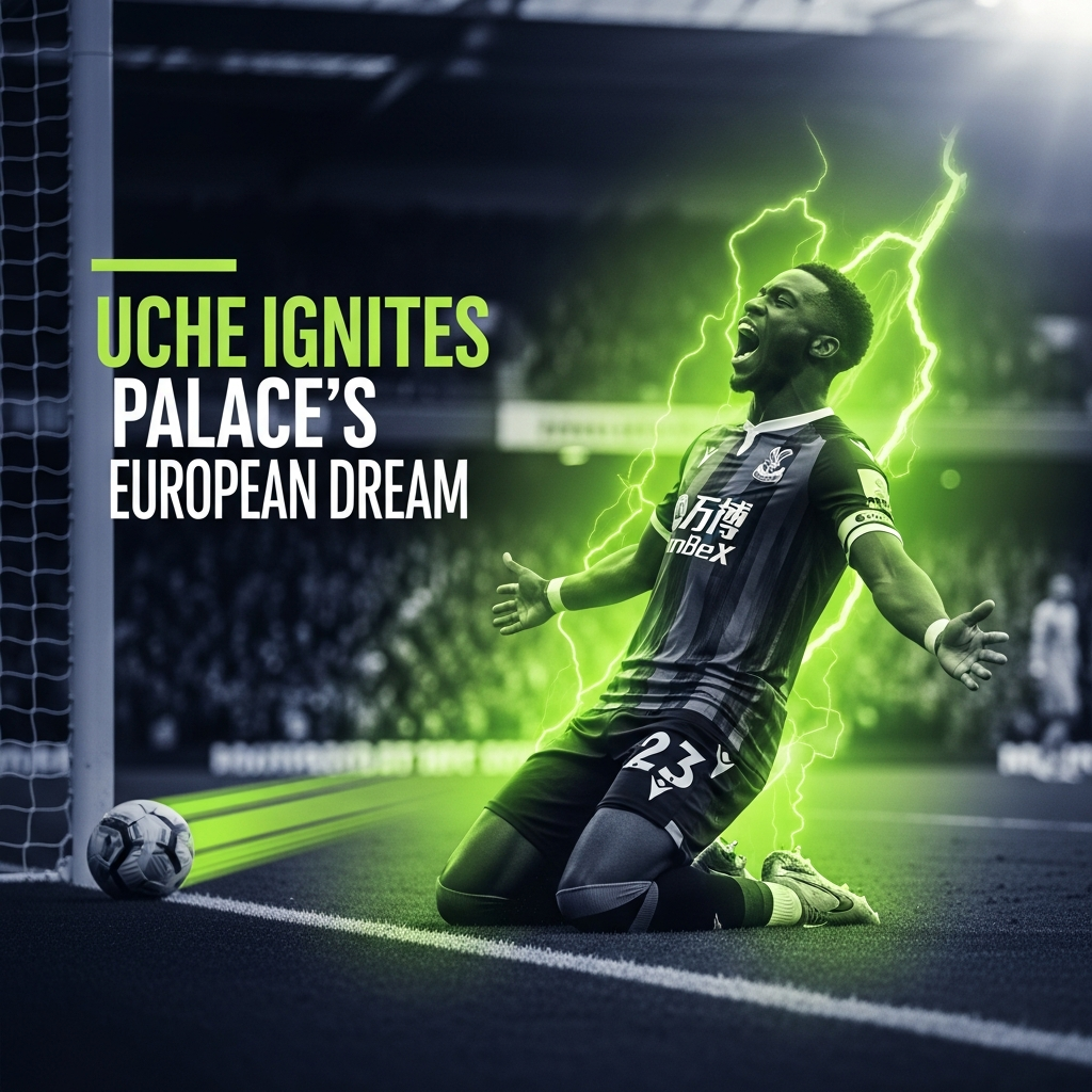 A dramatic, high-contrast 16:9 sports action shot of Crystal Palace's Christantus Uche celebrating his first goal. He is sliding on his knees with arms outstretched, shouting in celebration. The image has a dark, moody tone, with the stadium background blurred and darkened. A vibrant, stylized lime green light emanates from behind him, catching the edges of his kit and creating a powerful silhouette. A subtle motion trail, also in lime green, follows the path of the football which is visible in the corner of the frame, nestled in the net. The text "Uche Ignites Palace's European Dream" is overlaid in a modern, bold white font with a lime green shadow.