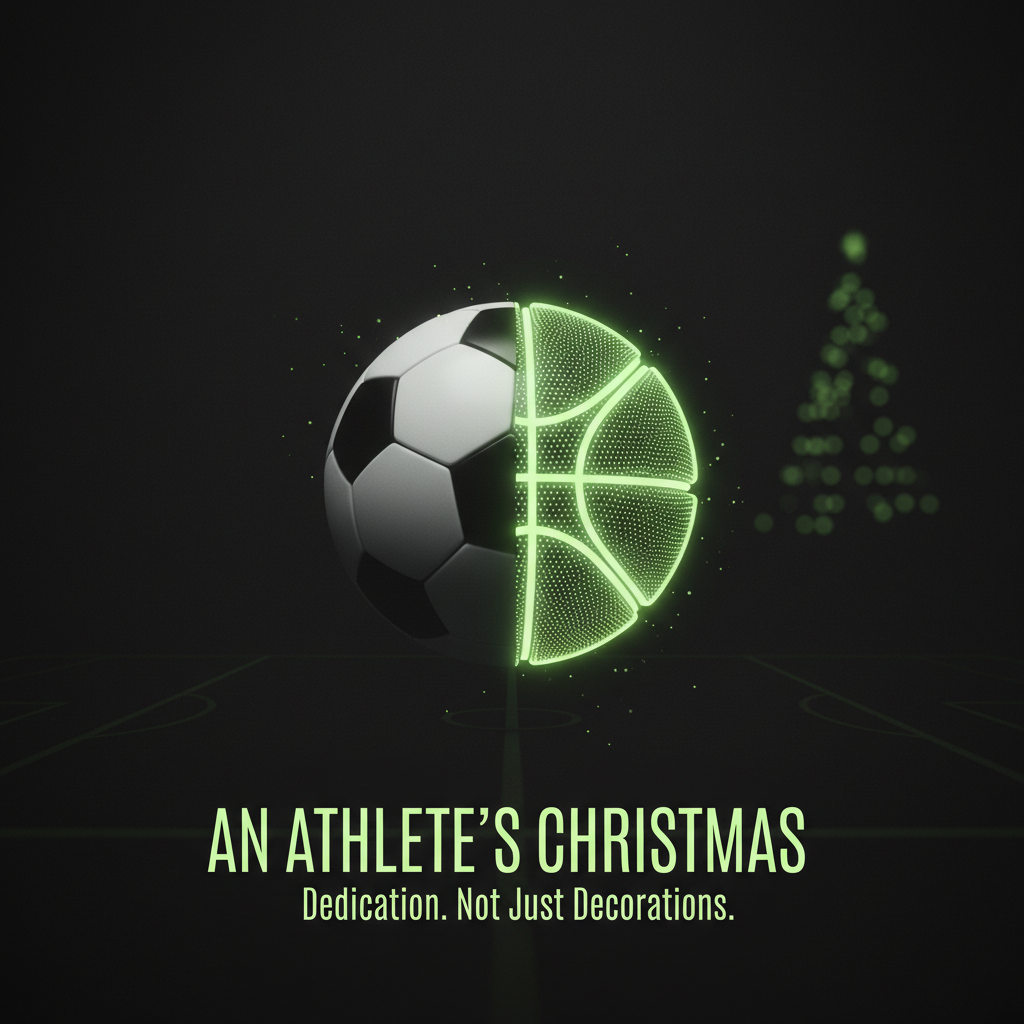 A basketball sits on a dark court illuminated by a single lime green spotlight in an empty arena.