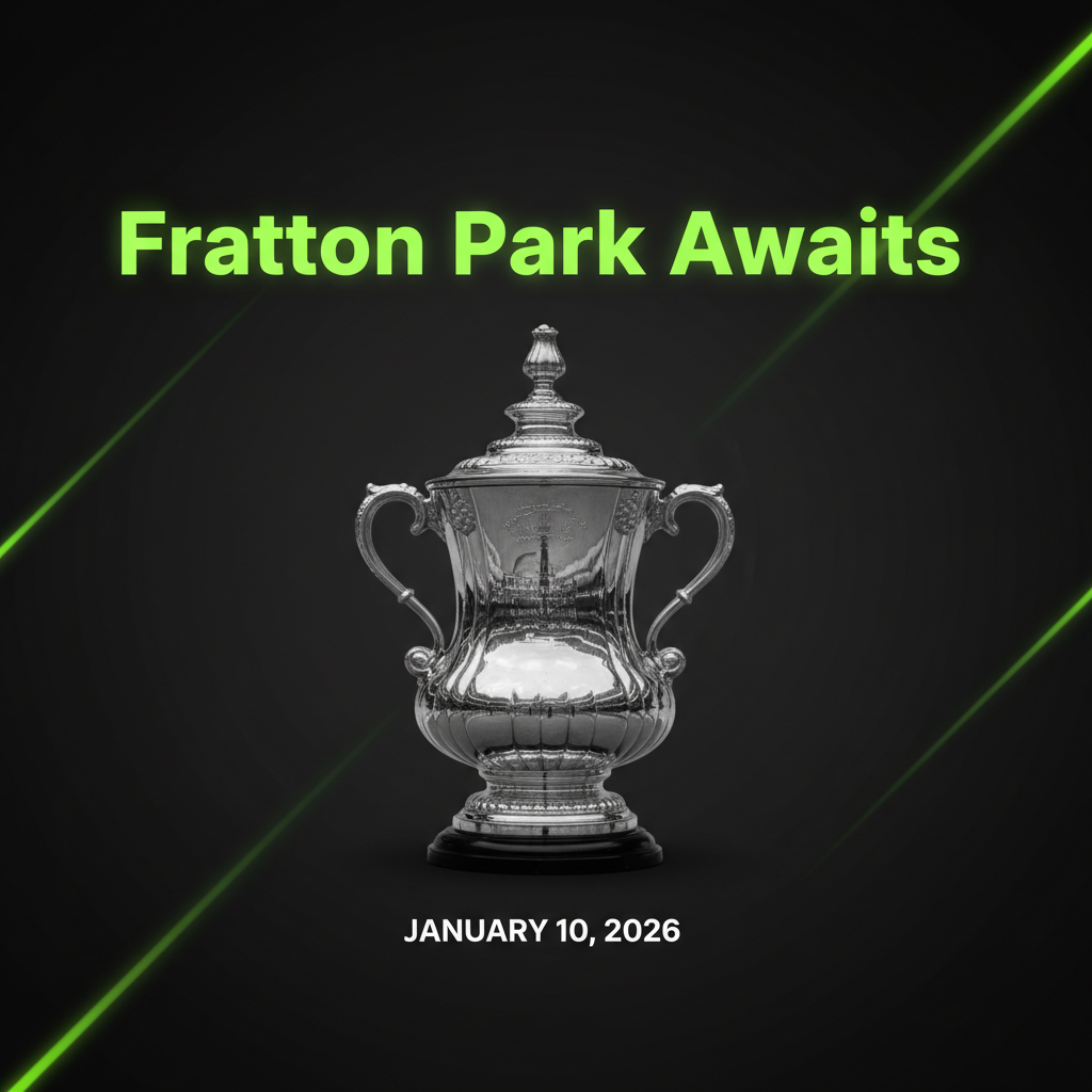 A football under dramatic stadium lighting with a lime green and dark color filter, symbolizing the upcoming FA Cup match.